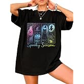 Tis The Season Halloween Shirts Women Oversized Spooky Season Ghost T-Shirt | Oversized Halloween Shirts for Women Funny Pumpkin Ghost Witch Skull Graphic Tees Fall Casual Short Sleeve Tops