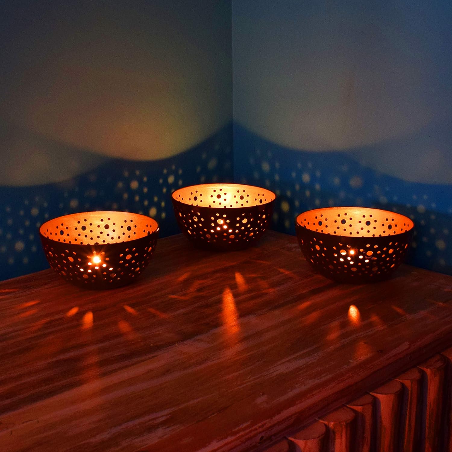 SET of 3 Moroccan Vintage Tealight Holders Zlafa Rusty copper