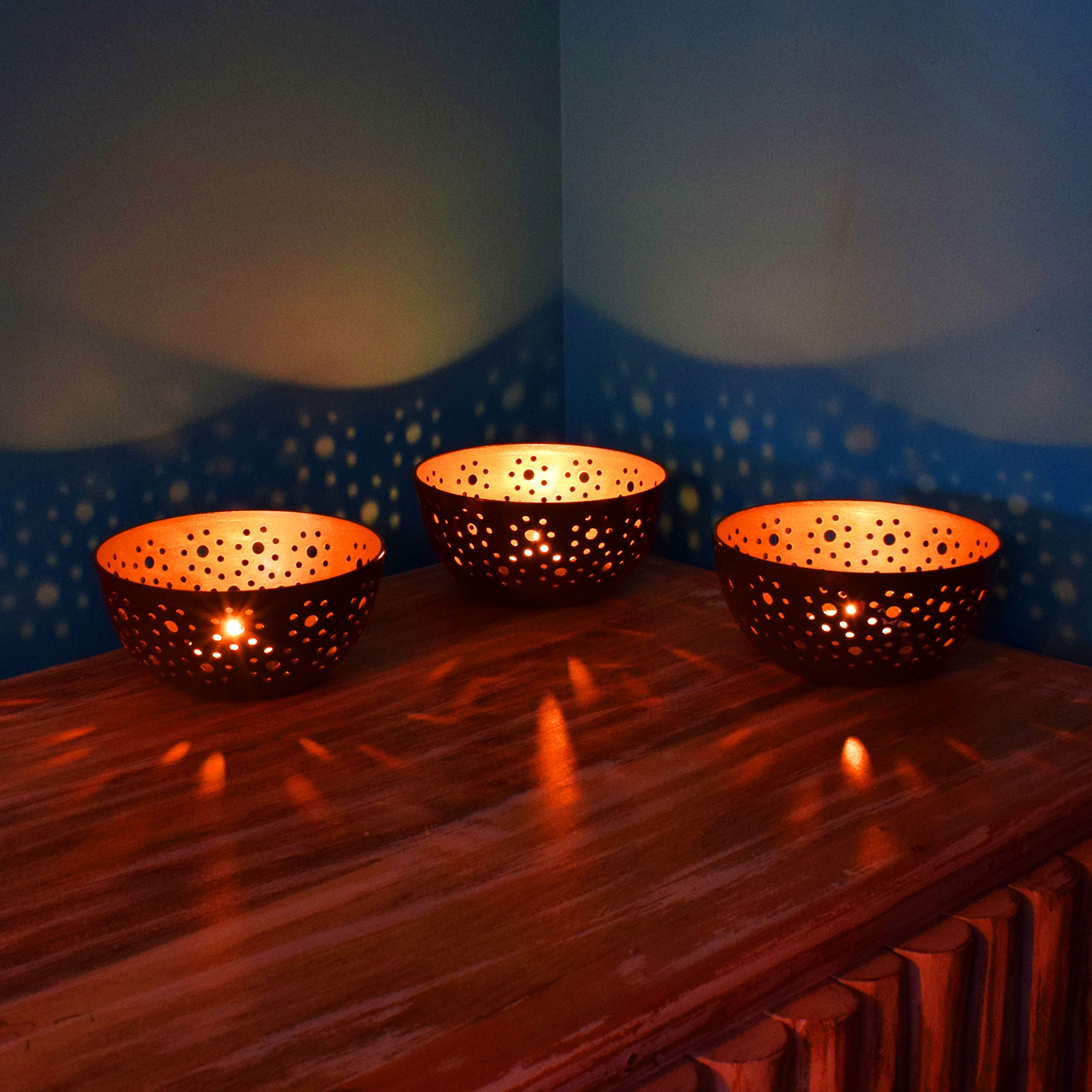 SET of 3 Moroccan Vintage Tealight Holders Zlafa Rusty copper | Oriental Garden Outdoor Lantern for Candles Tealights | Indoor Tea Lights Holder as Tea Party Accessories or Christmas table Decorations