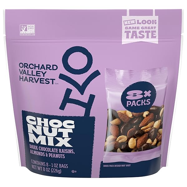 ORCHARD VALLEY HARVEST CHOC NUT MIX MULTIPACK, 1 OZ (PACK OF 8), DARK CHOCOLATE RAISINS, ALMONDS & PEANUTS, GLUTEN FREE, RESEALABLE BAG, NON-GMO, 4G PLANT BASED PROTEIN PER SERVING, ON-THE-GO SNACK