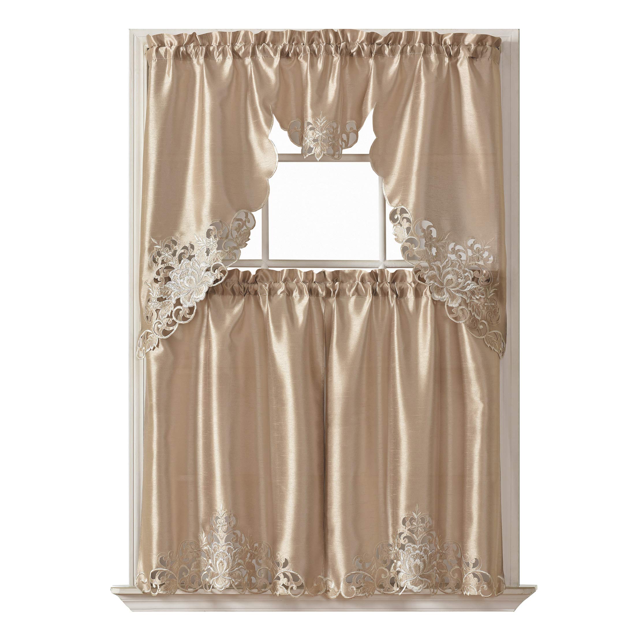 GOHD Passionate Bloom Kitchen Curtain Swag Valance and Tier Set Nice Embroidery on Faux Silk Fabric with cutworks (Mocha)