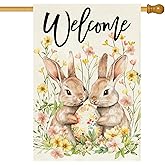 Baccessor Happy Easter Bunny House Flag Burlap 28x40 Inch Double Sided Outside,Rabbit Eggs Spring Floral Flowers Holiday Yard Porch Patio Outdoor Large Garden Flag Farmhouse Decoration