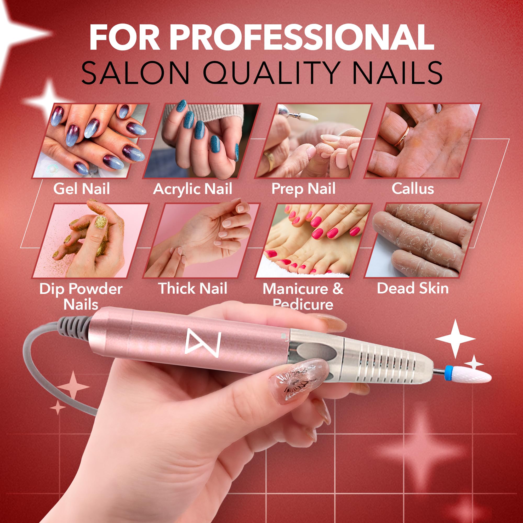 M Max - Nail Drill Professional - 2-in-1 Brushless Motor Nails Drill Machine - Electric, Cordless, Aluminium Alloy Casing, 35000 RPM, HD Display - Perfect for Salon & Home Use (Rose Gold) - Image 5
