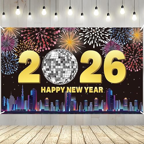 YQUQWN Large Happy New Year 2026 Banner, 72×44 Inch Disco Ball New ...