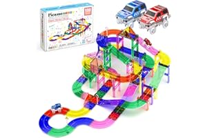 PicassoTiles 100pc Magnetic Tiles Race Track Building Set with LED Cars Adjustable Roads and Signs STEM Construction Toy Kit for Kids Educational Learning Toy for Boys and Girls Ages 3 and Up PTR100