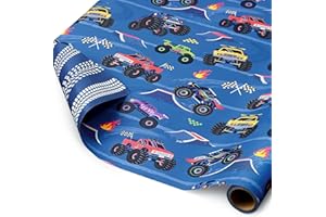WERNNSAI Monster Truck Wrapping Paper - 1 Roll Race Birthday Wrapping Paper Kids Boys Gift Wrap Blue Car Birthday Present Pac