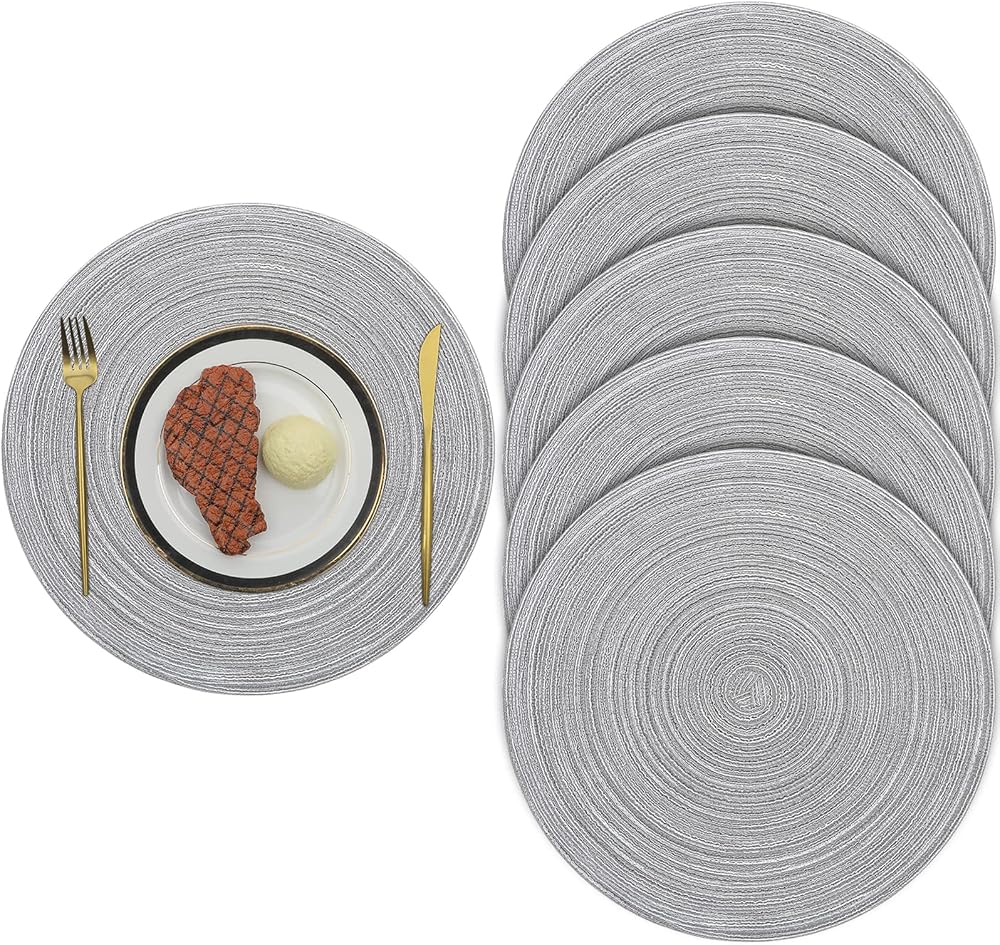 Pauwer Woven Round Placemats 6 Pieces 38 cm Light Gray Heat Resistant Non Slip