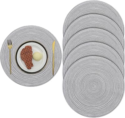 Pauwer Woven Round Placemats 6 Pieces 38 cm Light Gray Heat Resistant Non Slip