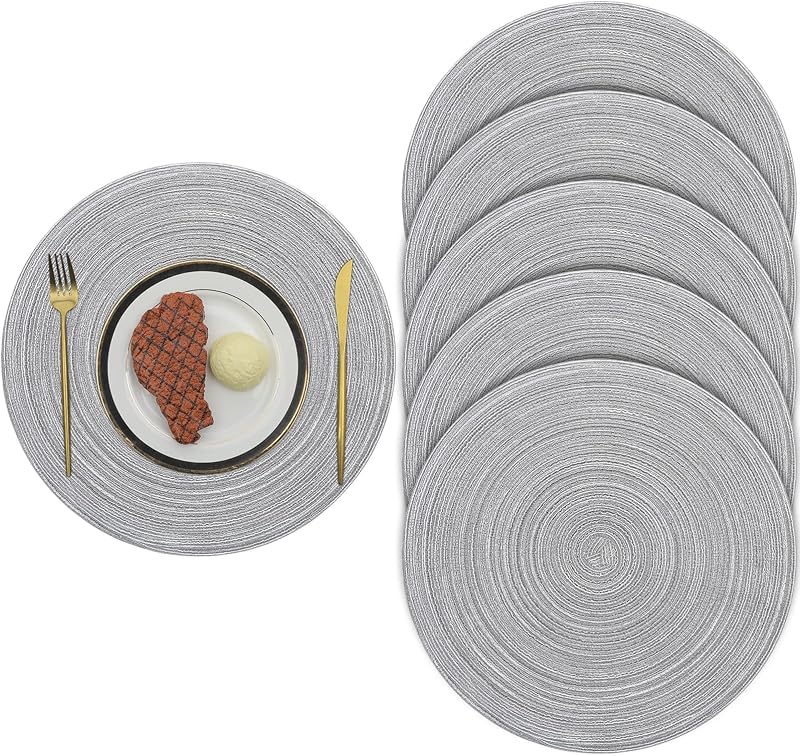 Pauwer Woven Round Placemats 6 Pieces 38 cm Light Gray Heat Resistant Non Slip