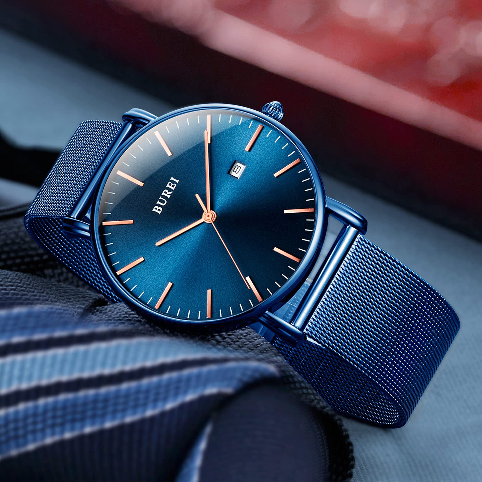 Burei Men's Wrist Watch, Stylish, Minimalist, Ultra Thin Commuter Net Strap, Quartz, Waterproof, Birthday Gift, bule