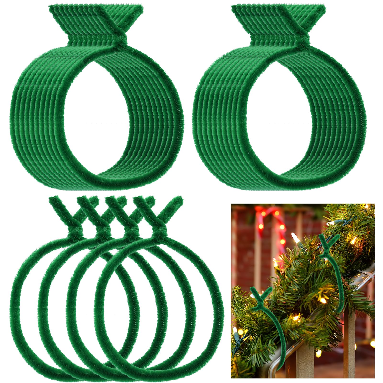 Photo 1 of 100PCS Christmas Garland Ties Green Fuzzy Chenille Stems Decorative Garland Twist Ties Reusable Holiday Wreath Hanger Fuzzy Sticks for Banister Railing Staircase Wreath Making Xmas Tree Craft Supplies