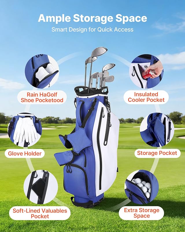 Sac de Golf pour Chariot Voiturette, Sac de Clubs de Golf Trépied 7 Compartiments Supérieurs, pour Golfette Golfeurs, avec Séparateur sur Toute la Longueur, Double Bandoulière et Housse de Pluie