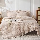JOLLYVOGUE Beige Queen Comforter Set, 3 Pieces Seersucker Comforters Queen Size, Lightweight & Fluffy Bedding Sets Queen for All Season with 1 Ruffle Comforter and 2 Ruffle Pillowshams