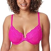DELIMIRA Women's Front Closure Lace Underwire Sheer Bras Plus Size Full Coverage Sexy Plunge Unlined Bra