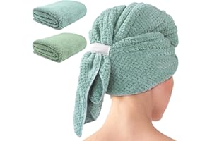 my novel things 2 Pack Extra Large Microfiber Hair Towel Wrap, 37.4" x 26.4" for Women, Super Absorbent & Quick Dry Hair Towel with Elastic Strap for Curly Hair Green