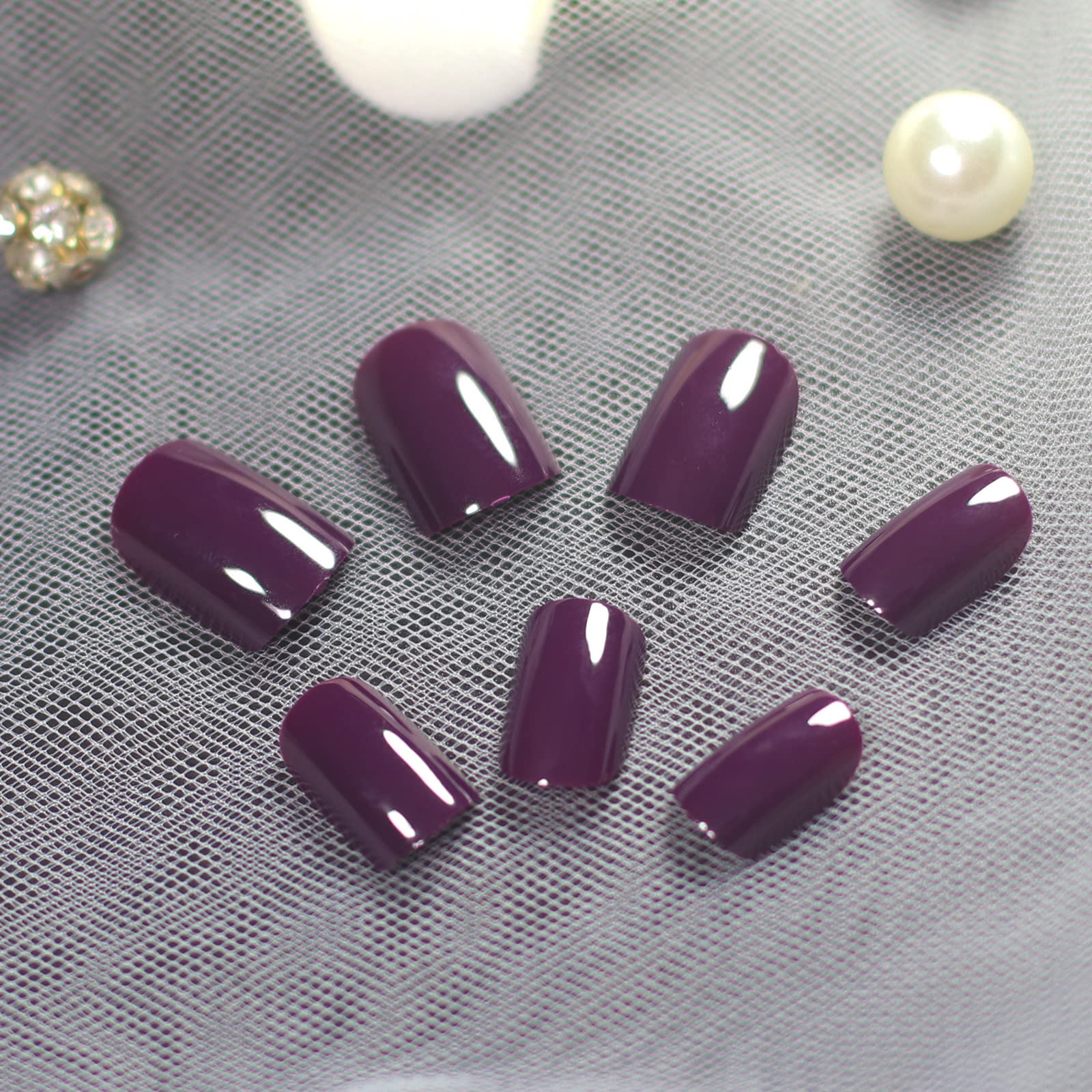 Elevenail Elegant Purple Glossy Press On False Nails Short Squoval Fake Nails Daily Office Salon Manicure Reusable Acrylic Nail Art Tips Gift for Women Girls - Image 6