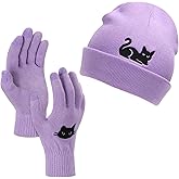Vansoline Cat Beanie Hat and Gloves Women Winter Knitted Cap and Gloves for Cold Weather Winter Accessories (Purple)