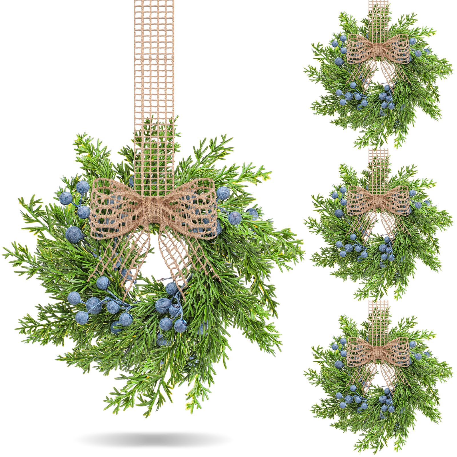 Photo 1 of VioraWhite 4 Pcs Artificial Blue Berry Mini Wreaths Small Vintage Kitchen Cabinet Wreath with Retro Burlap Ribbon for Farmhouse Rustic Front Door Window Wedding Bridal Shower Party Chair Wall Decor