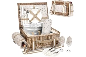 WICKERLAND Picnic Basket for 2 with Blanket - Picnic Basket Set with Insulated Cooler, Wine Bag & Removable Shoulder Strap, Handmade Wicker Picnic Basket Gift for Couples, Christmas, Birthday, Wedding, Outdoor.