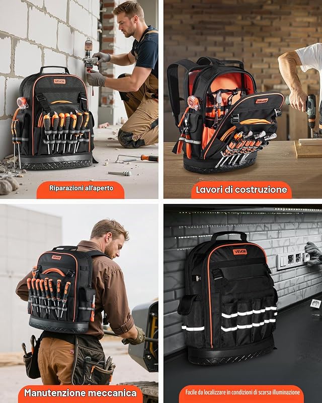 Zaino Portautensili, 64 Tasche, per Attrezzi Pesanti, Zaino da Lavoro con Scomparto per Laptop e Base Sagomata, Borsa da Cantiere per Elettricisti, Riparatori e Tecnici HVAC Nero