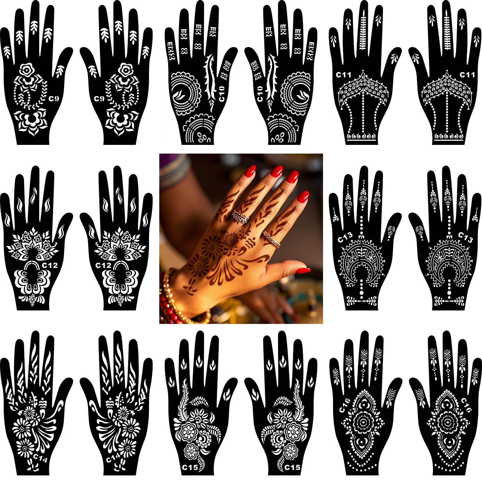 16 Piece India Hand Stencils Set for Women Finger Hands Body Painting, DIY Air Brush Temporary Tattoo Stencils for Girls