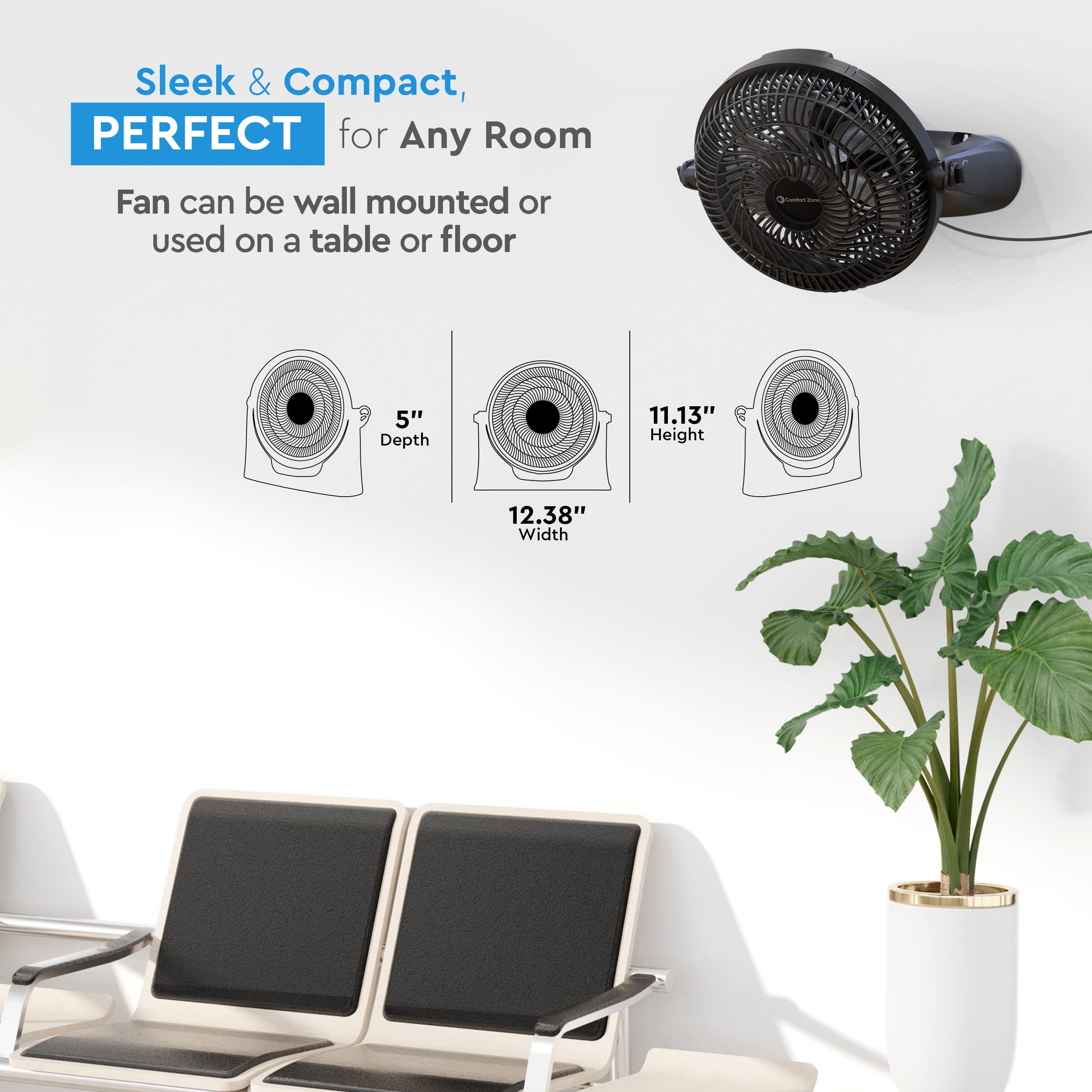 Comfort Zone PowrCurve Floor Fan with Wall-Mounting Capabilities, 9 inch, 3-Speed, 180 Degree Adjustable Tilt, 6 Blades, Ideal for Home, Bedroom & Office (Bracket Included), CZHV101BS