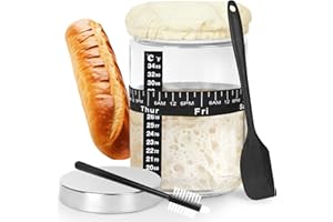 AJERG 37 Oz Sourdough Starter Glass Jar, Wide Mouth Sourdough Starter Kit with Date Marked Feeding Band, Thermometer, Silicone Spatula, Cleaning Brush, Cloth Cover and Metal Cover,Bread Baking Supplies