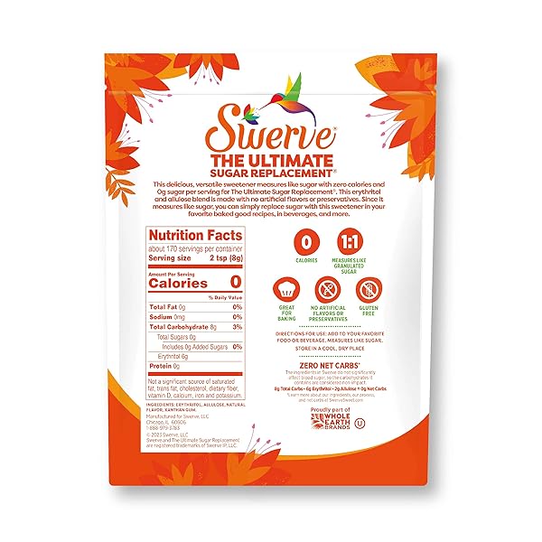 SWERVE ULTIMATE SUGAR REPLACEMENT SWEETENER, GRANULAR SUGAR SUBSTITUTE, ZERO CALORIE, KETO FRIENDLY, ZERO SUGAR, NON-GLYCEMIC, GLUTEN FREE, 48 OUNCES