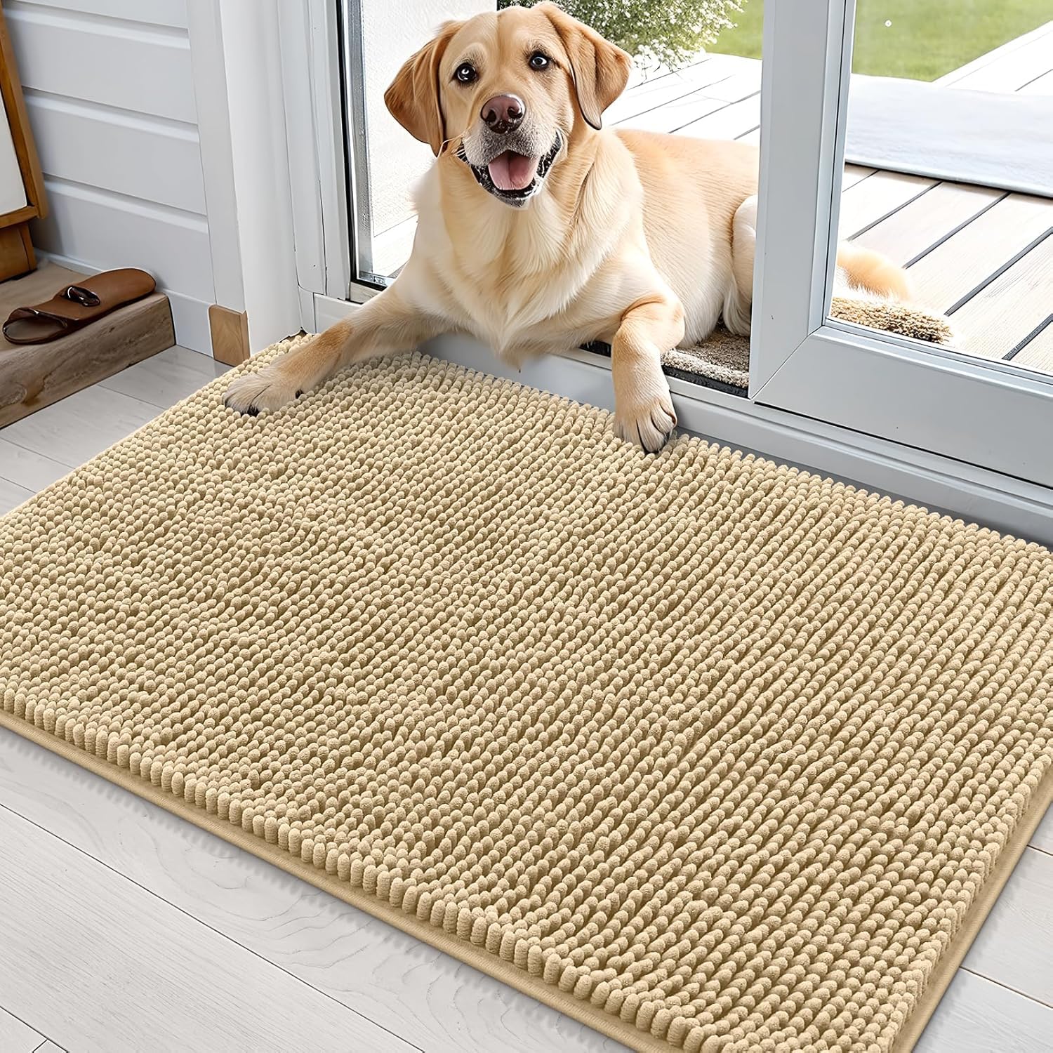 smiry Door Mat, Super Absorbent Chenille Dog Door Mat, Washable Non Slip Door Matts Indoor, Soft Microfiber Pet Rug and Bath Mat for Entrance Kitchen Muddy Shoes & Paws - Beige, 51 x 76 cm