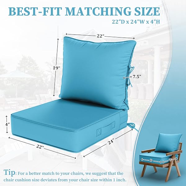 KIMUNUK OUTDOOR SEAT CUSHION SET 22 L × 24 W × 5 H INCH WATERPROOF & FADE RESISTANT PATIO FURNITURE CUSHIONS WITH REMOVABLE COVER WITH HANDLE AND STRAPS FOR SOFA CHAIRS, CHAIRS, LAKE BLUE