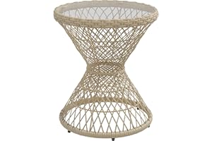 Outsunny Wicker Outdoor Coffee Table, 18" Round Outdoor Patio Table with Tempered Glass Top, Boho Drum Design, Light Brown