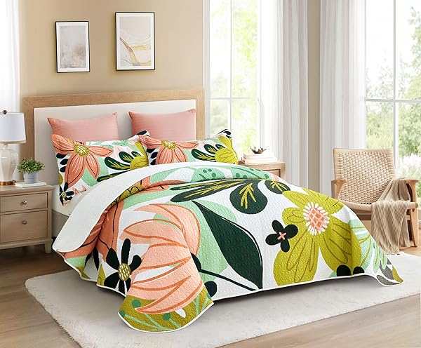 TYROT 3 PIECE BOHO FLORAL KING SIZE QUILT SETS FARMHOUSE REVERSIBLE LIGHTWEIGHT BEDSPREAD COVERLET WITH 2 SHAMS MID CENTURY BOTANICAL LEAVES MICROFIBER BEDDING QUILTS SET FOR ALL SEASON, 106”X96”