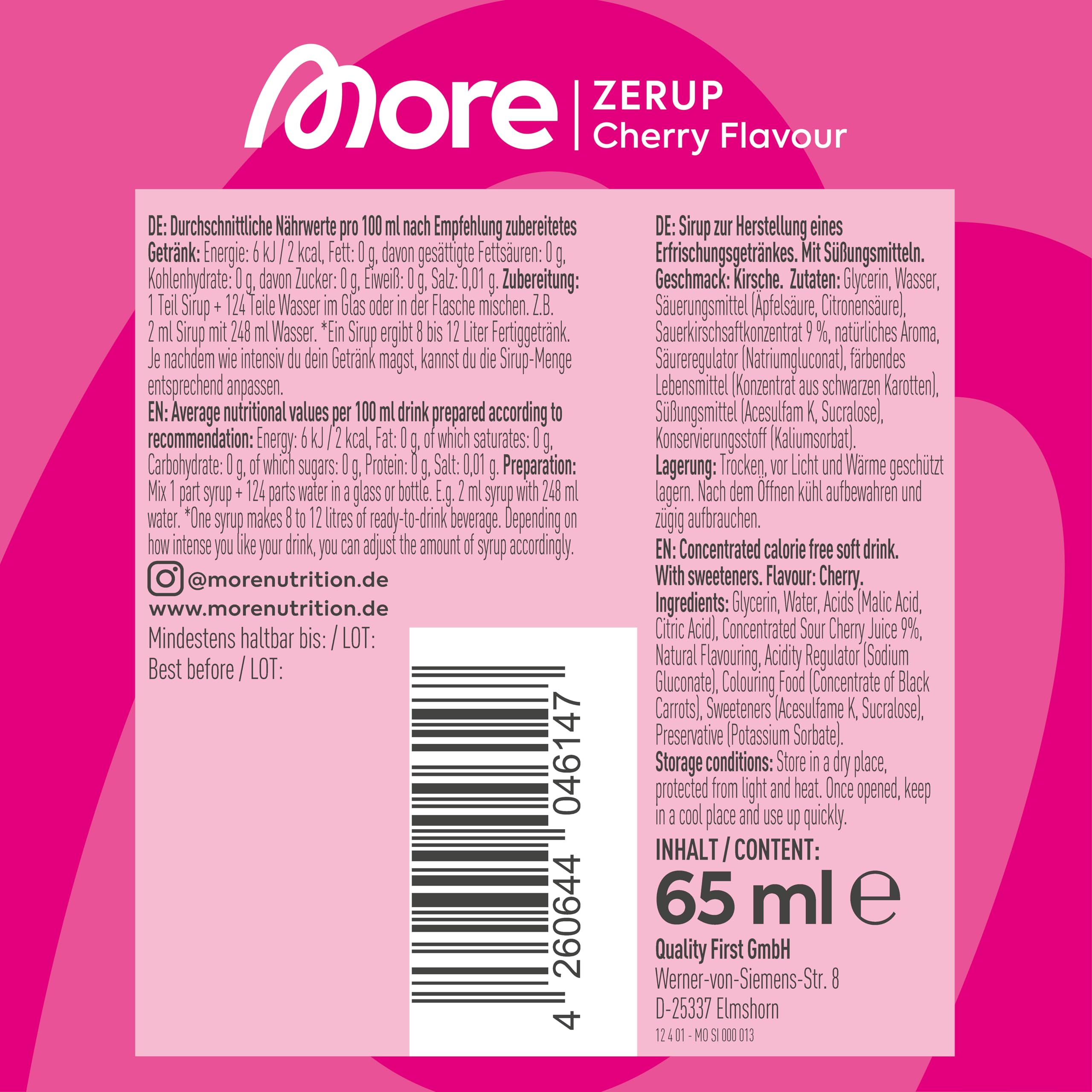 MORE Zerup, Cherry, 65 ml, für bis zu 8 l Fertiggetränk, zuckerfreier Sirup mit u.a. echten Fruchtextrakten, vegan, zero Kalorien - made in Germany 4