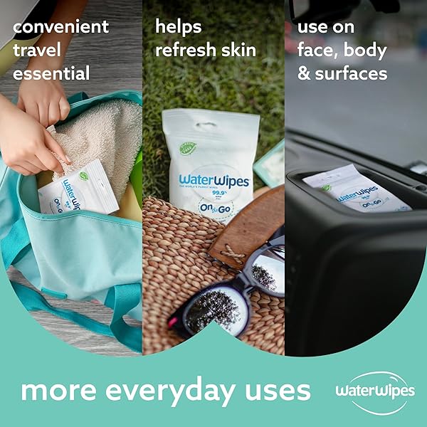 WATERWIPES SENSITIVE+ ON THE GO WIPES, 3-IN-1 CLEANS, CARES, PROTECTS, 99.9% WATER, UNSCENTED & HYPOALLERGENIC WET WIPES, 100 COUNT (10 PACKS)