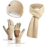 Hat Gloves Scarf Set for Women, Winter Knit Beanie Fleece-lined Touch Screen Gloves Long Scarve 3 in 1 Set Gift for Women
