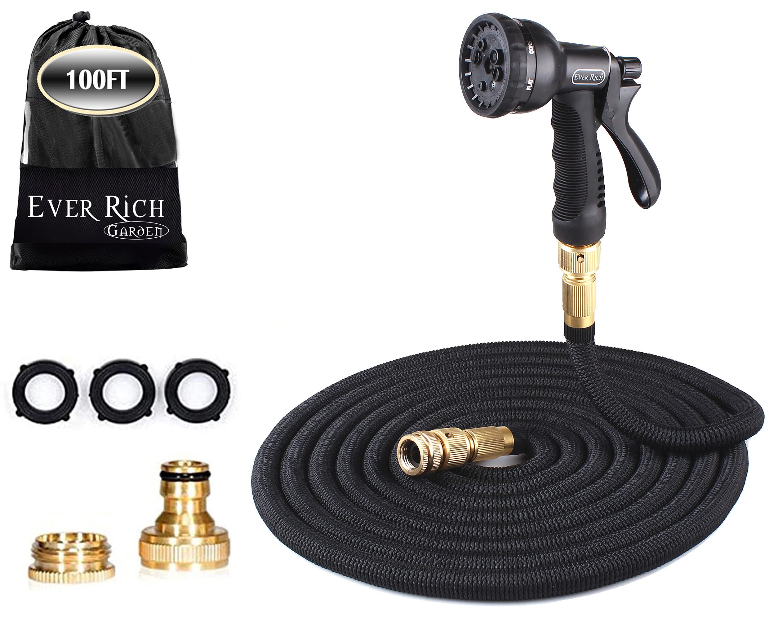 Ever Rich ® 100 Feet Newest Expandable Strongest Hose With & 8 Pattern Spray Nozzle (Black (HQ))