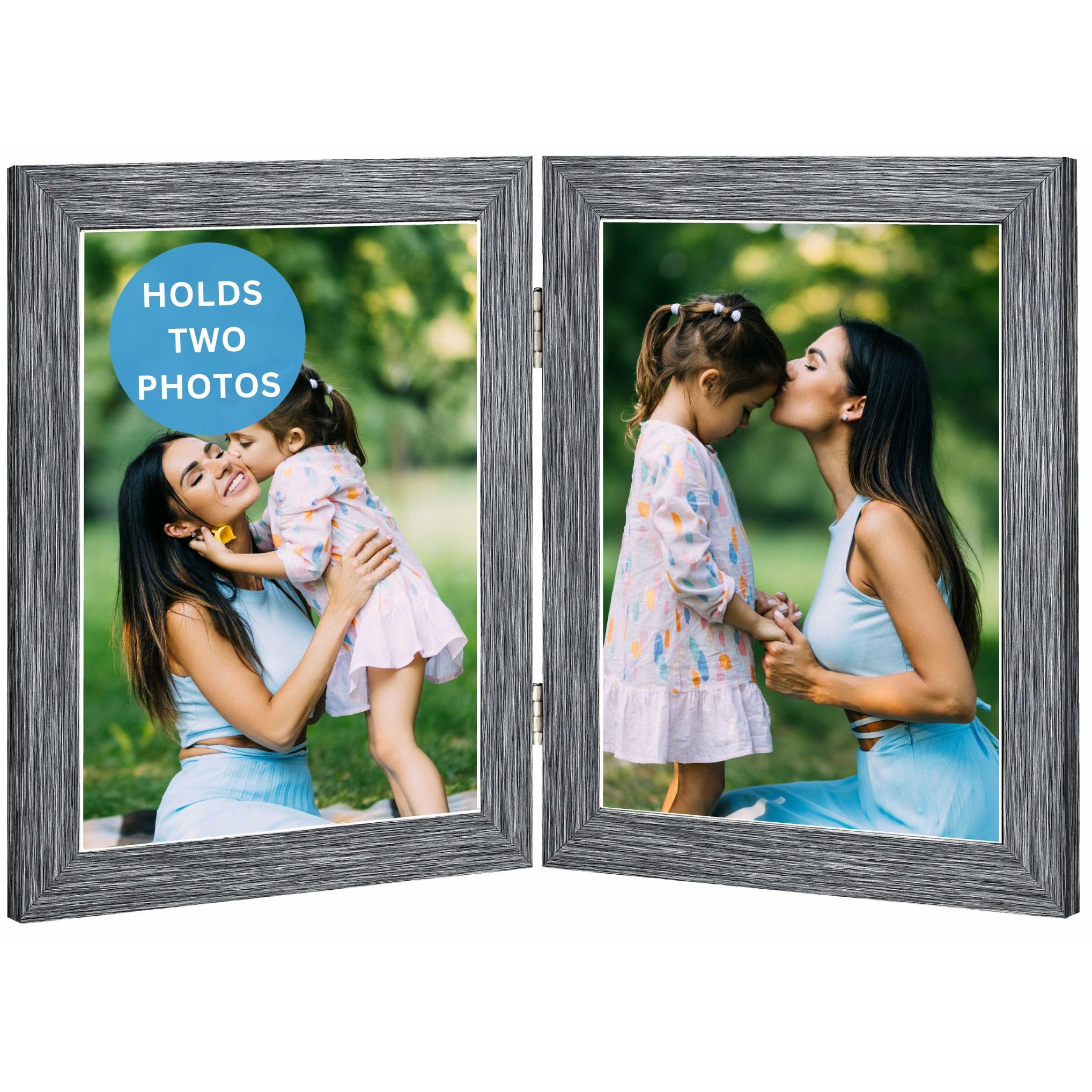 Double Photo Picture Frame 6 x 4, Dark Grey, Holds 2 Photographs, Twin Hinged 6x4 10 x 15 cm Grey Frames 6x4 Photo Frames, 4x6 Photo Collage Gallery Display