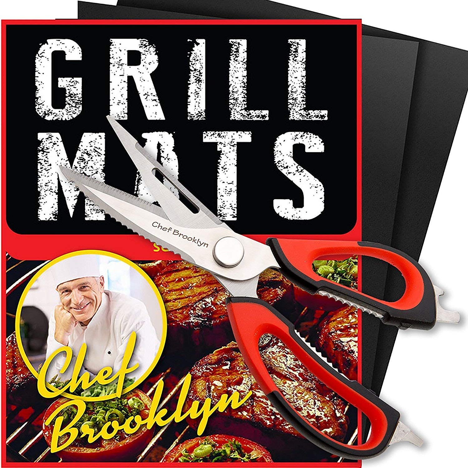 Chef Brooklyn BBQ Grill Mats with Bonus Kitchen Scissors- Heavy Duty Multi-Functional Scissors Sharp Perfect for Chicken, Poultry, Fish, Meat, Herbs and Outdoors for the BBQ\'S Camping or on the Boat