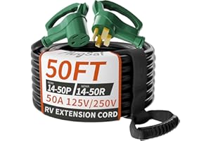 PlugSaf NEMA 14-50P/14-50R 50 FT 50 Amp RV/EV Extension Cord Outdoor with Grip Handle, 4 Prong Flexible Heavy Duty STW RV Power Cord Waterproof, 50A 125/250V 6250/12500W, Black-Green, ETL Listed