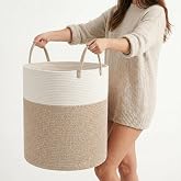 Large Cotton Rope Storage Basket 80L, White and Brown Woven Basket with Handles, Decorative Laundry Hamper for Bedroom Living