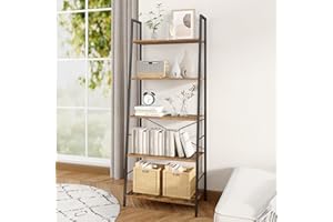 Gadroad Ladder Bookshelf, Industrial 5-Tier Bookcase,Free Standing Ladder Shelf, Utility Organizer Shelves for Plant Flower,Wood Look Accent Furniture with Metal Frame for Home Office,Rustic Brown