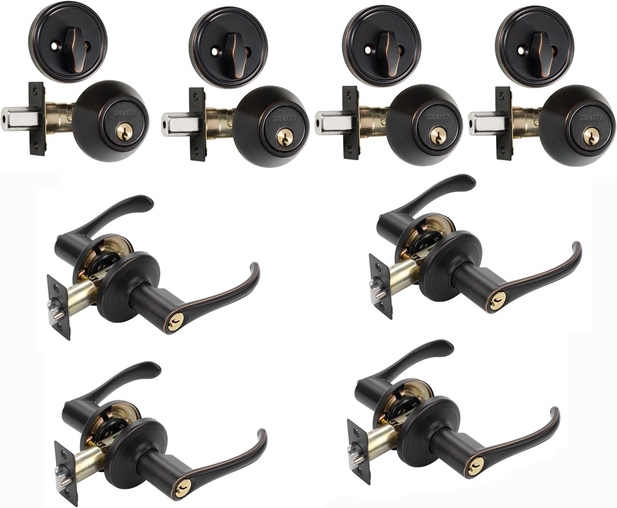 Dynasty Hardware CP-VAI-12P, Vail Front Door Entry Lever Lockset and Single Cylinder Deadbolt Combination Set, Aged Oil Rubbed Bronze (4 Pack) Keyed A