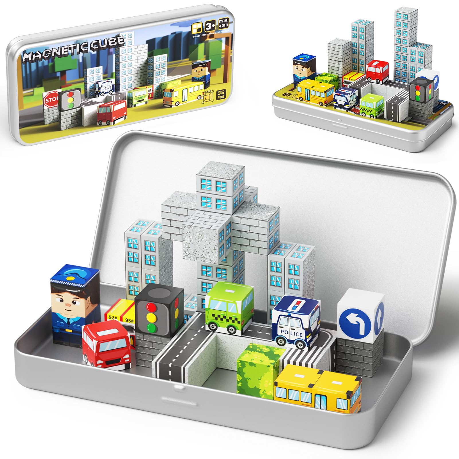 Gamcrown City Traffic Magnetic Blocks Set, 35PCS STEM Toys for Kids Ages 3-8, Travel Building Toys with Carrying Case, Child-Safe with Fully Encased Magnets, Car/Airplane Toddler Toy Birthday