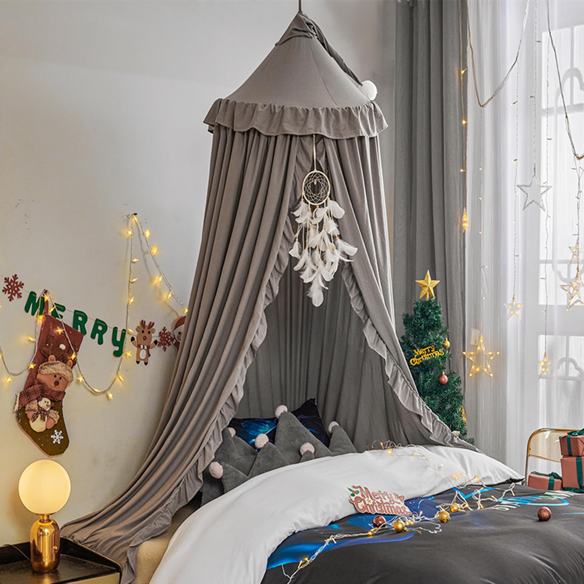 HUOQOU Bed Canopy for Girl Princess Round Dome Children Dreaming Mosquito Net Bed Linen Girls Room Castle Play Tent Hanging House Decor Reading Corner Canopy (Grey)