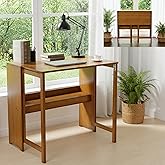 petour Wood Foldable Desk,Space Saving Foldable Table Bamboo Folding Desk Study Table with Bookshelf for Office Home Study Bedroom