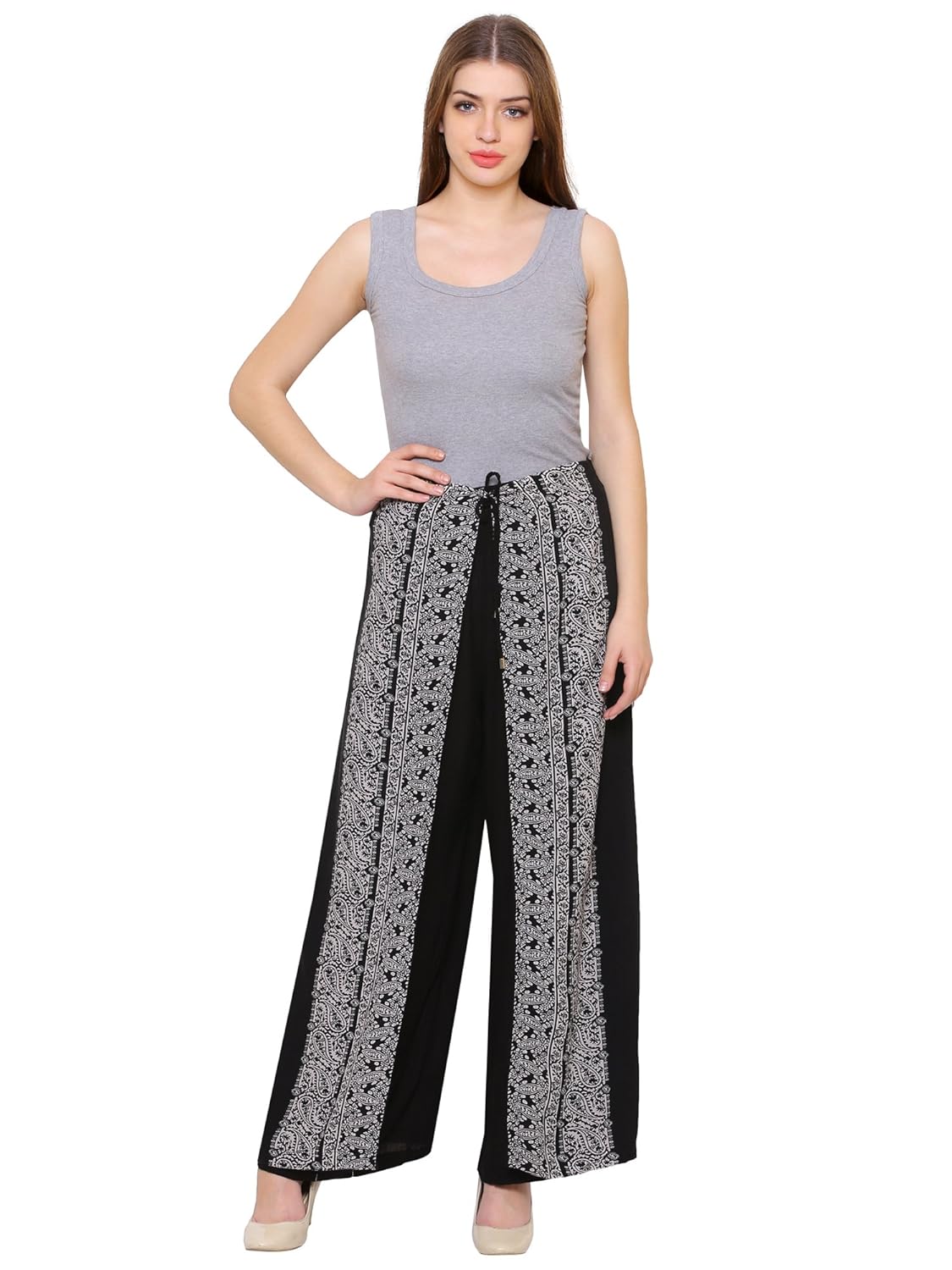 damen mode women black rayon crepe layered wrap on printed palazzo pants