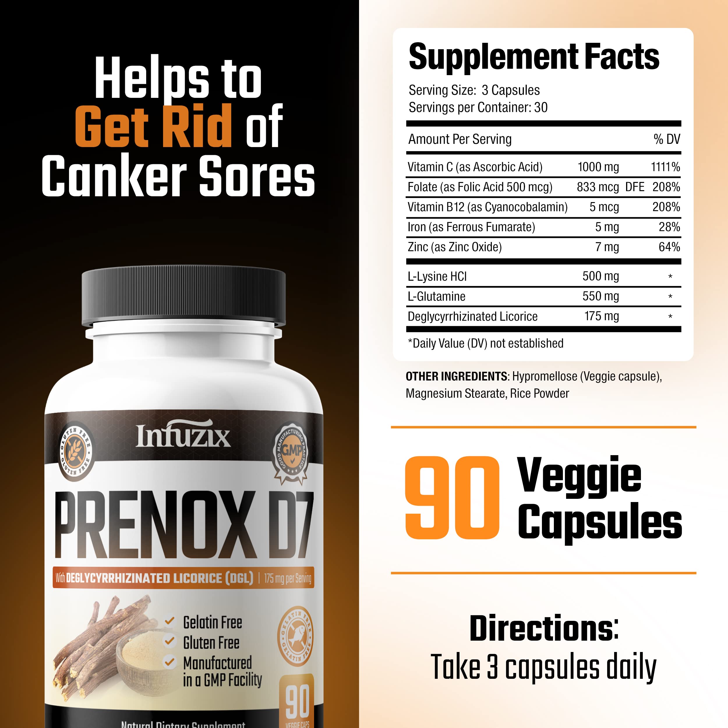 Infuzix Canker Sore Supplement Prenox D7 is The Ultimate Treatment for Relief from Mouth Sores and Mouth Ulcers On Your Gums, Between Teeth, on Your Tongue, and Inside Your Cheeks.