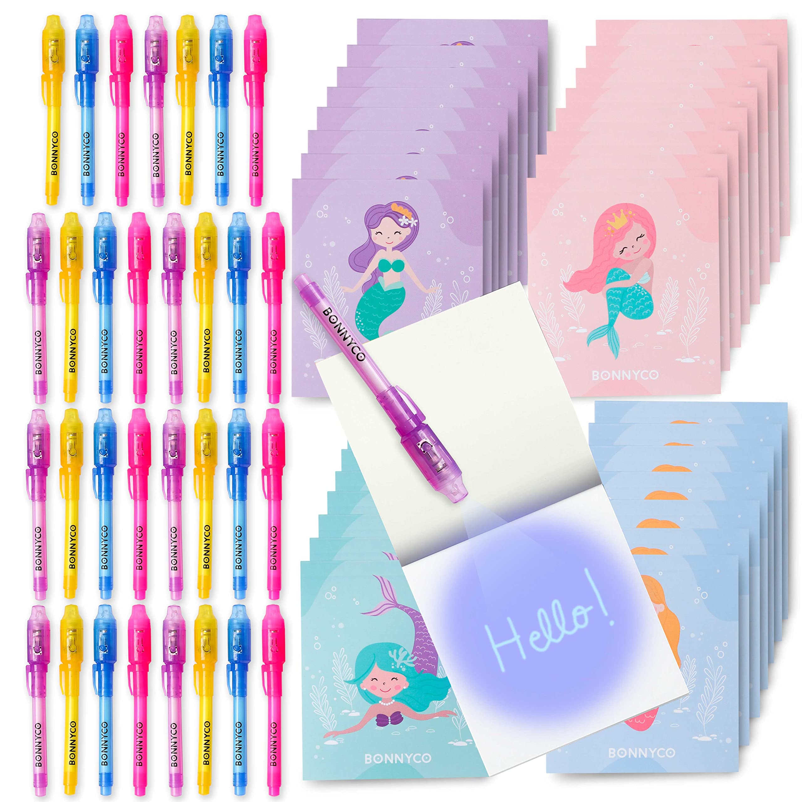BONNYCO Invisible Ink Pen and Notebook, Pack 32 Mermaid Party Bags Filler and Pinata Toys. Mermaid Birthday Decorations, Stocking Fillers for Kids Birthday. School Prizes, Gifts for Children