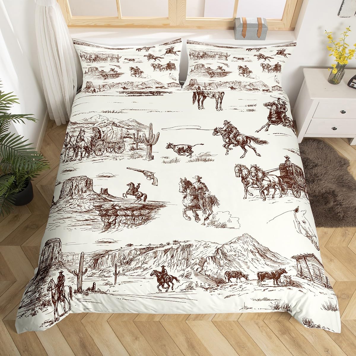 Homemissing Vintage Western Cowboy Bedding Set Galloping Horse Duvet Cover for Boys Girls Western Comforter Cover Sketch Style Bedspread Cover Breathable Bedding Collection 3Pcs Double