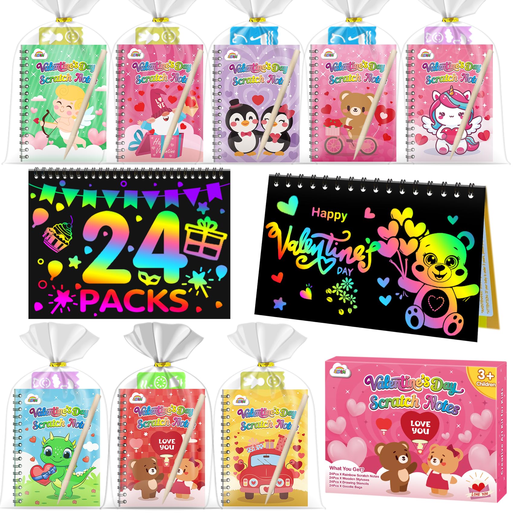 ZMLM Rainbow Scratch Party Favors Kids: Valentines Day Classroom Gifts Ages 4 5 6 7 8 Bulk Student School Prizes From Teacher 24 Pack Scratch Art Notebook Birthday Toy Goodie Bags Stuffers